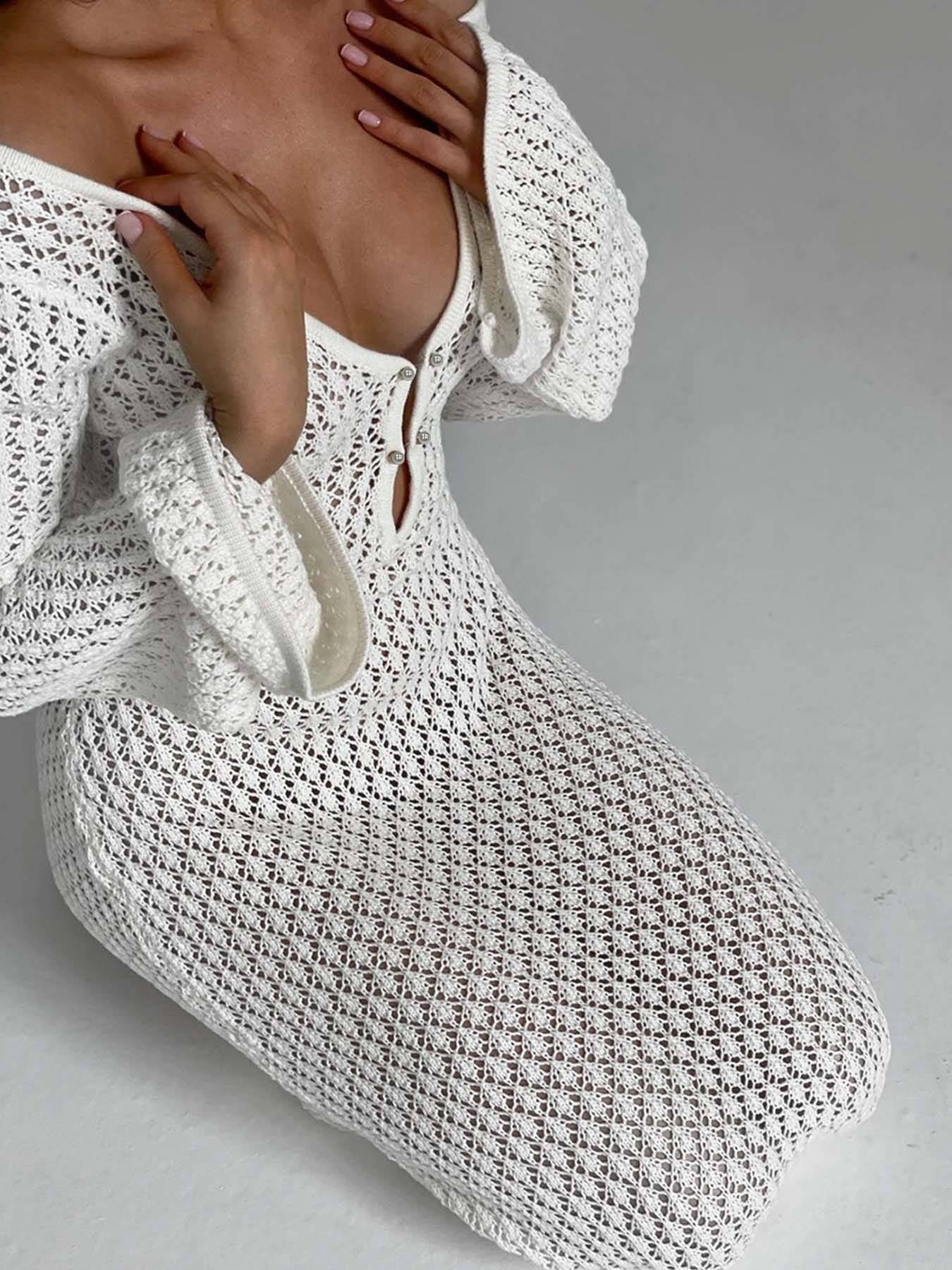 Sexy Women White Long Knit Sleeve Bikin Fashion Cover up Female See-Through Deep