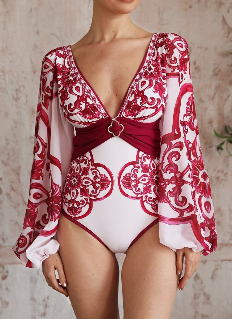Flaxmaker Classic Women Sexy Bikini Sets Long Sleeves Majolica Series Pattern Print One Piece Swimsuit Skirt Biquini Beachwear