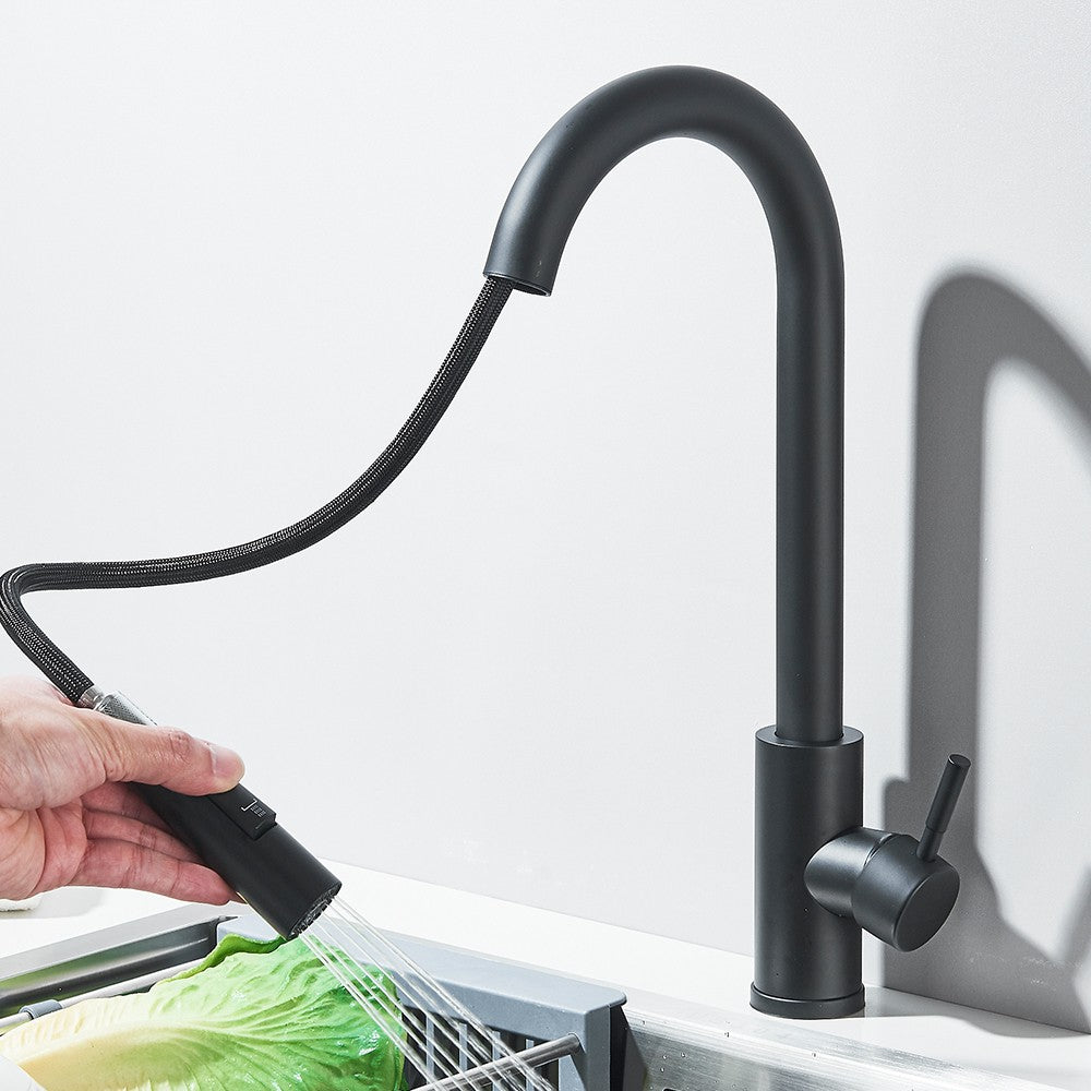 Torneira Misturadora de Cozinha Monocomando Quente e Frio com Bico Extensível e Duas Funções, Montada na Bancada