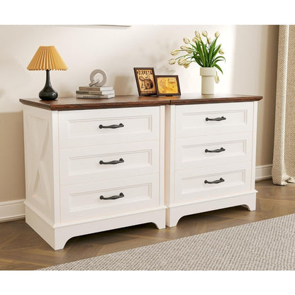 Nightstand with Drawers - Wide End Table with 3 Large Drawers & Bar Handles, Small Rustic Wood Chest of Drawers for Bedroom