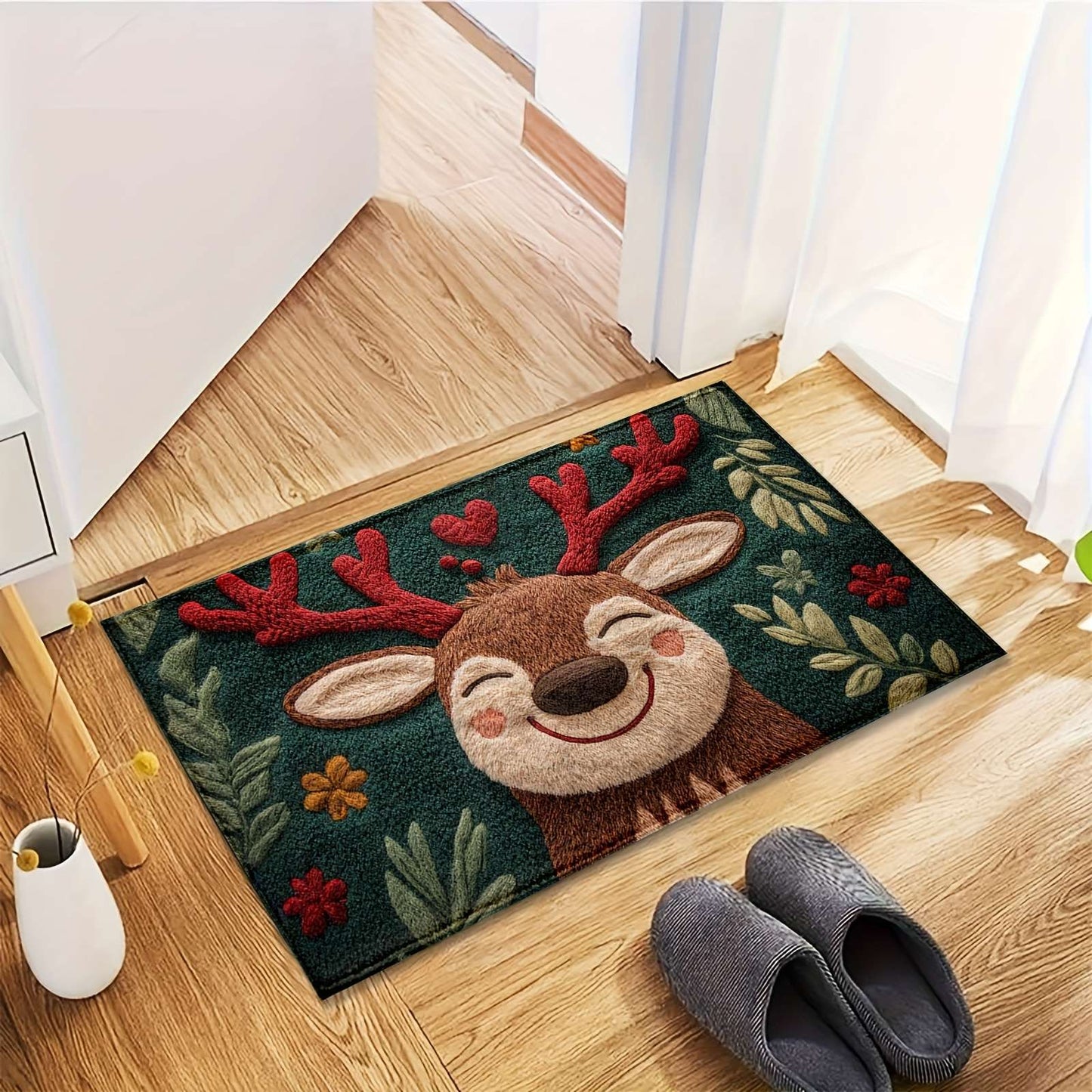 1pc Fluffy Christmas Deer Bath Mat - Quick-Dry & Absorbent, Festive Holiday Design with Red Berries & Green Leaves bathroom mat