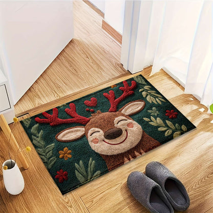 1pc Fluffy Christmas Deer Bath Mat - Quick-Dry & Absorbent, Festive Holiday Design with Red Berries & Green Leaves bathroom mat