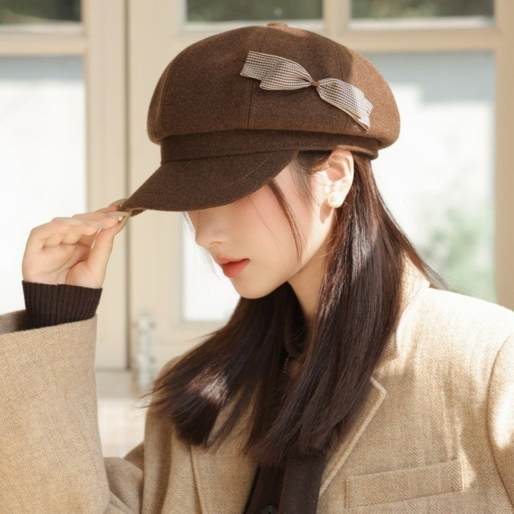 Retro Wool Bow Beret Solid Color Warm Painter Hat Versatile Y2k Newsboy Hat Female