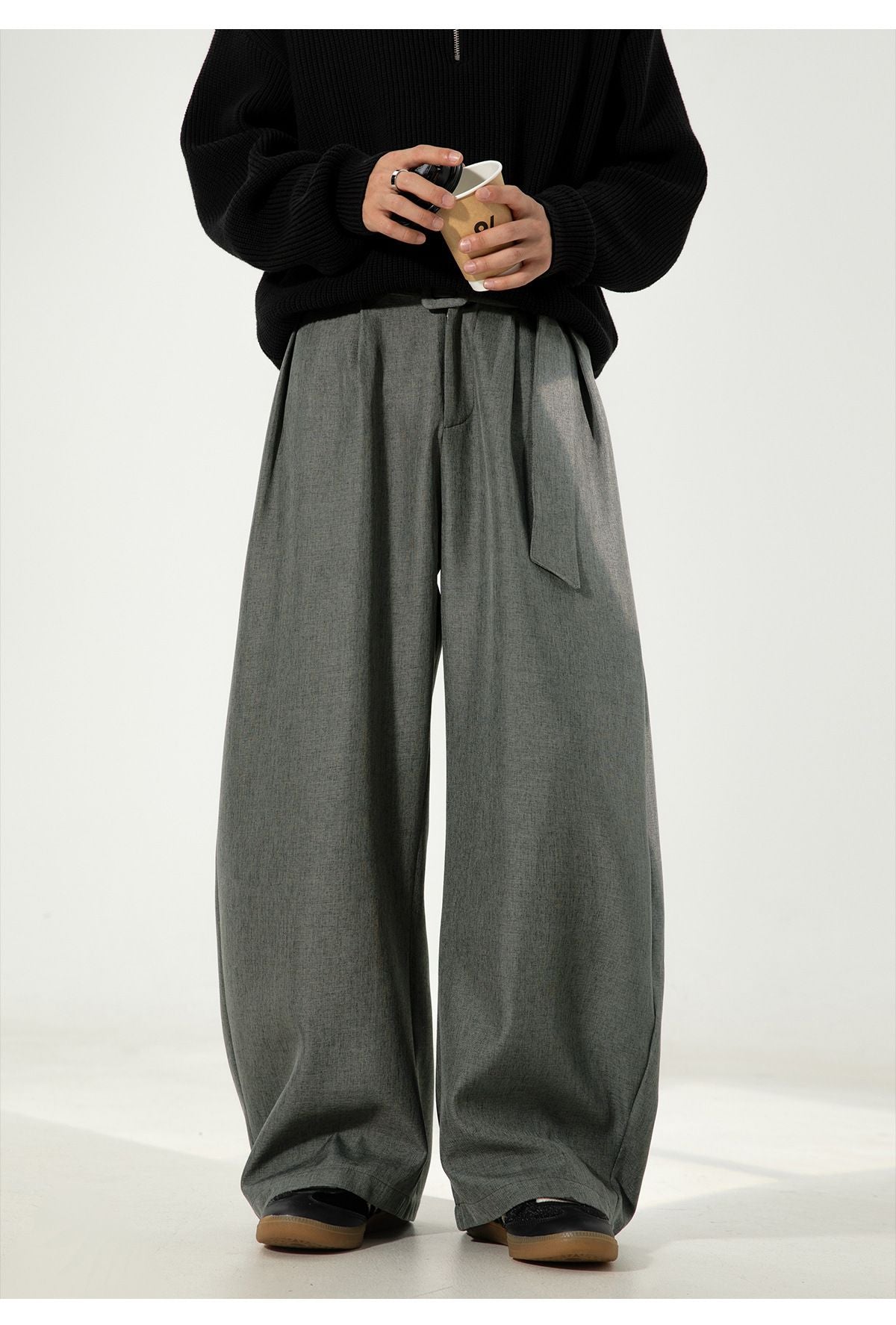 Men's Pleated Drape Curved-Leg Trousers Loose-Fit Straight-Leg Pants Retro-Style Belted Casual Pants