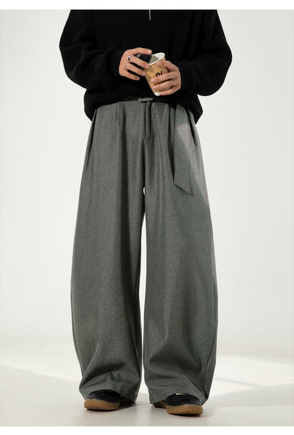 Men's Pleated Drape Curved-Leg Trousers Loose-Fit Straight-Leg Pants Retro-Style Belted Casual Pants