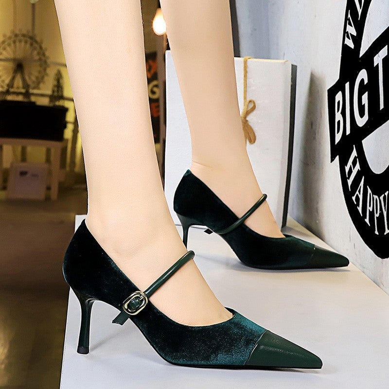Korean Version Party 10cm 7cm High Heels Women Shoes Thin Heels Velvet Shallow Montage Pointed Toe Metal One-line Buckle Pumps