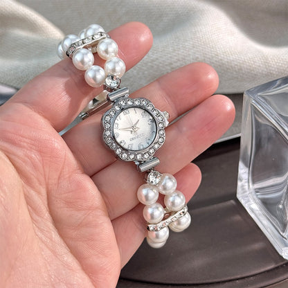 New ladies' double-row pearl diamond-encrusted elastic strap Arabic digital dial simple light luxury fashionable quartz watch