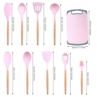 MDHAND Kit de Utensílios de Cozinha de Silicone Resistente ao Calor com 20 Peças, com Cabos de Madeira, Facas, Colher de Sopa com Tesouras, Cozinhe Sem Complicações