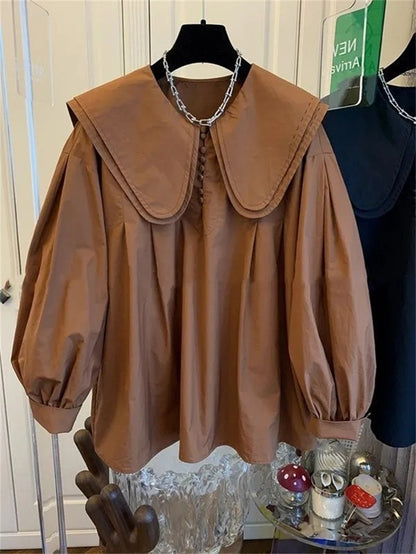 Retro Women Loose Fashion Top Lady Lantern Sleeve Shirt Jacket Spring Autumn Female Doll Collar Cardigan Blouse Coat
