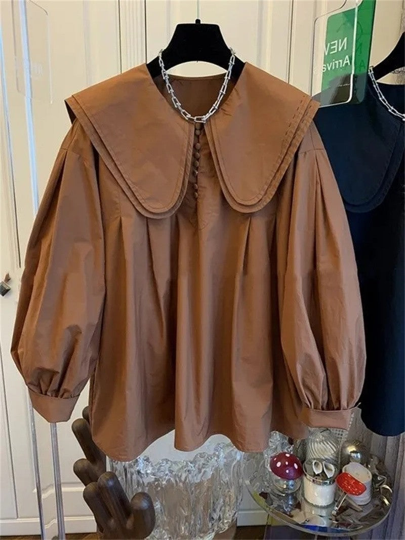 Retro Women Loose Fashion Top Lady Lantern Sleeve Shirt Jacket Spring Autumn Female Doll Collar Cardigan Blouse Coat