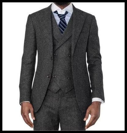 3 Pieces Green Wool Tweed Herringbone Business Retro Classic PatternTuxedos For Wedding Blazer Pants Vest