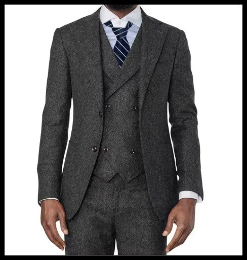 3 Pieces Green Wool Tweed Herringbone Business Retro Classic PatternTuxedos For Wedding Blazer Pants Vest