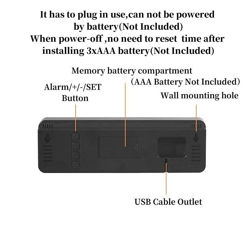 LED Electronic Alarm Clock 9-inch Wall Clock USB Powered Temperature and Humidity Display Auto-dimming Desktop Clock