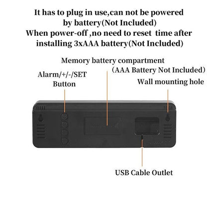 LED Electronic Alarm Clock 9-inch Wall Clock USB Powered Temperature and Humidity Display Auto-dimming Desktop Clock