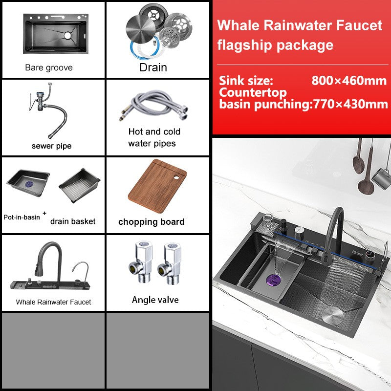 Stainless Steel Waterfall Kitchen Sink Digital Display Faucet Set Embossed Extra Large Single Slot Multiple Types of sinks