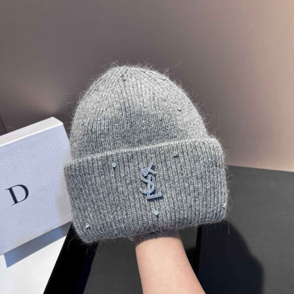Rhinestone Decor Rabbit Fur Knitted Hat Warm Ear Flap Beanie for Women Luxury Soft Slouchy Cap Face Slimming Design