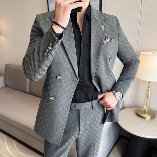 (Jacket+Pants)Luxury Checkered Double Breasted Suit  2 Pieces Fashion Business Slim Fit Social   Formal Suit Evening Dress 5XL-M