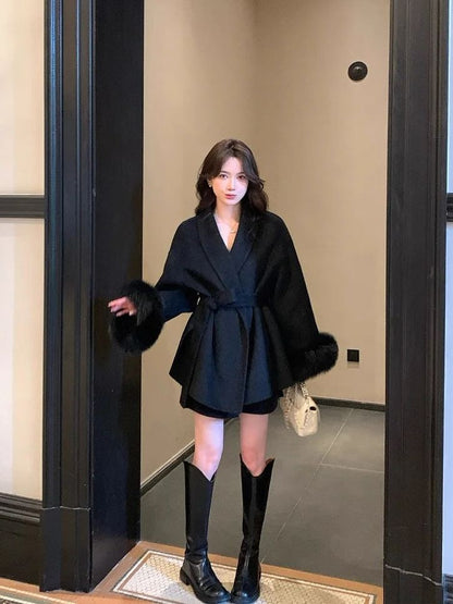 American Fashionable V-neck Lapel Furry Sleeves Lace-up Long-sleeved Woolen Coat Elegant Lace-up Long-sleeved Wool Coat