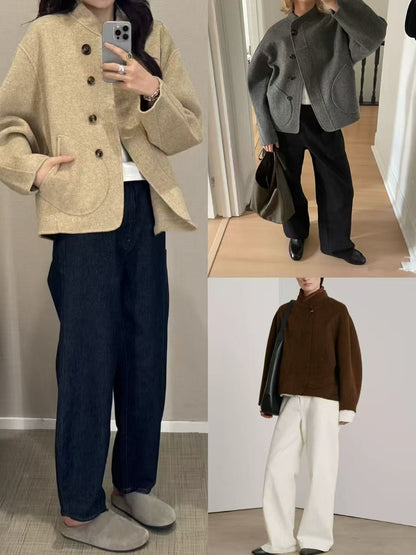 2025 Autumn Winter Fashion Women 3 Colors Single Breasted Stand Collar Coat Lady Double Sided Woolen Jacket