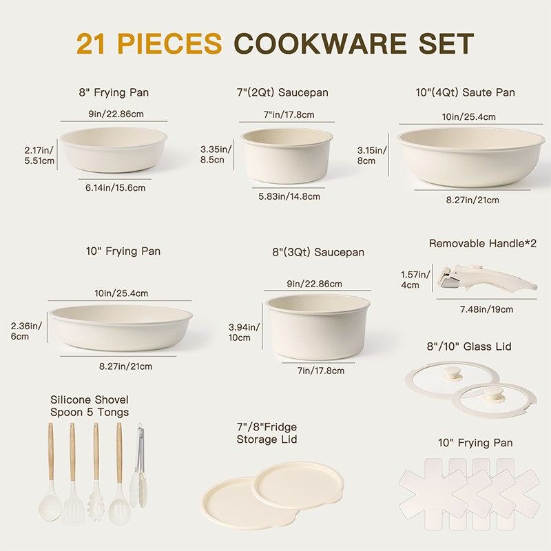 Conjunto de Panelas de 21 Peças Antiaderente, Conjunto de Utensílios de Cozinha de Cerâmica Astercook com Cabos Sensores, Branco Leitoso