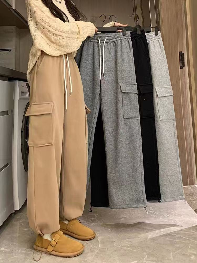 Winter Thick Fleece Women's Pants Casual Matching Cargo Pants Chic Sportswear Drawstring Straight Pants Lady's Trousers Pocket