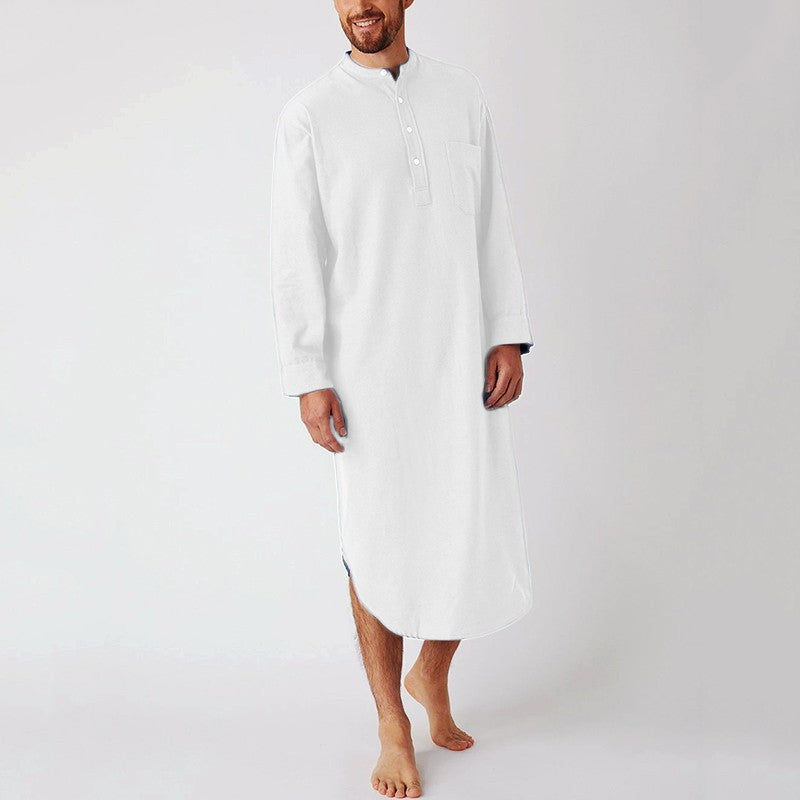Men's Cotton Button-down Sleep Robe Solid Color Stand Neck Long Sleeve Nightgown Fashion Comfortable Home Wear Loose Bathrobe