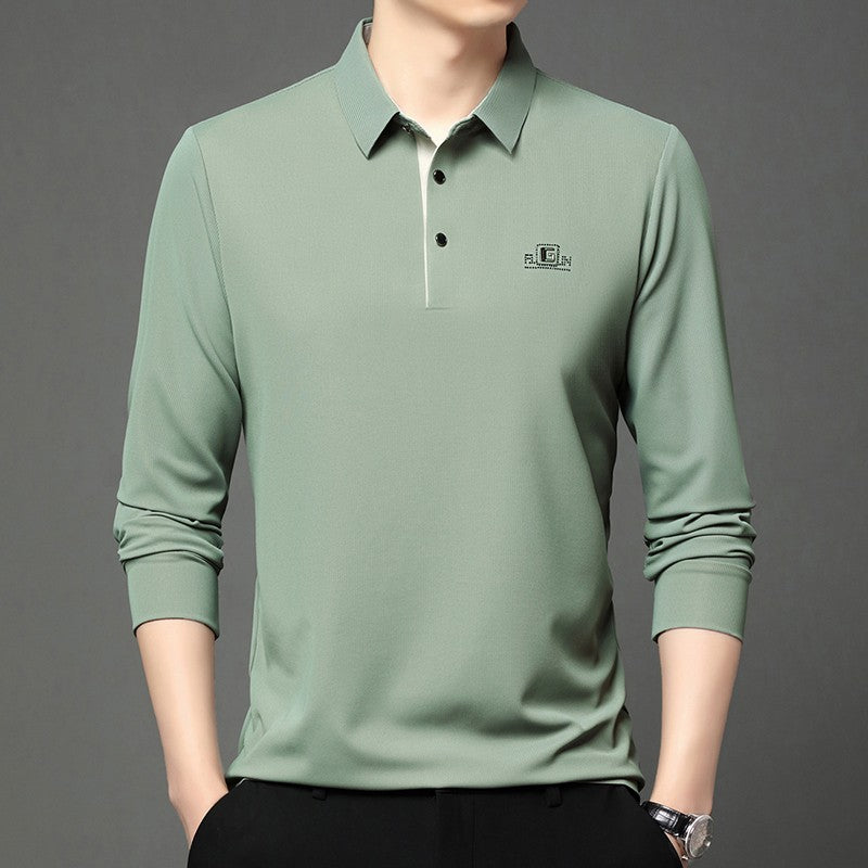New Men's Business Casual Long Sleeved Shirt with Badge Solid Color Polo Shirt Fashionable Breathable Comfortable Versatile Top