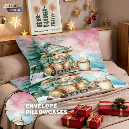 3pcs Christmas Pink Highland Cow Print Coreless Bedding Set Multi Sized Bedding Bedding Decoration Comfortable Machine Washable