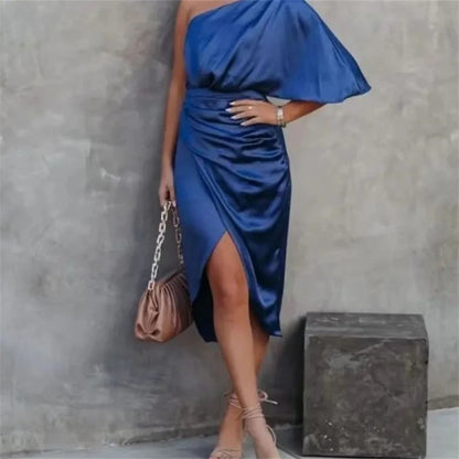 Elegant High-end Feel Women's Evening Dress Solid Color Irregular Midwaist Cross