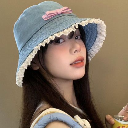 Retro Big Brimmed Denim Bucket Hat Bow Tie Y2K Lace Fisherman Hat Korean Style UV Protection Bow Sunscreen Hat Outdoor
