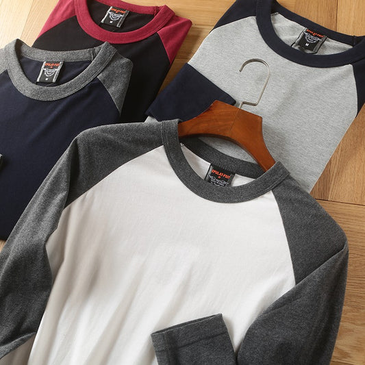 Summer New American Retro Raglan Long-sleeved O-neck Montage T-shirt Men's Fashion Simple 100%Cotton Washed Casual Sport Tops