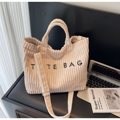 Large Capacity Striped Velvet Handbag Shoulder Bag for Woman Handbags Crossbody Bags, Versatile Letter Corduroy Women's Tote Bag