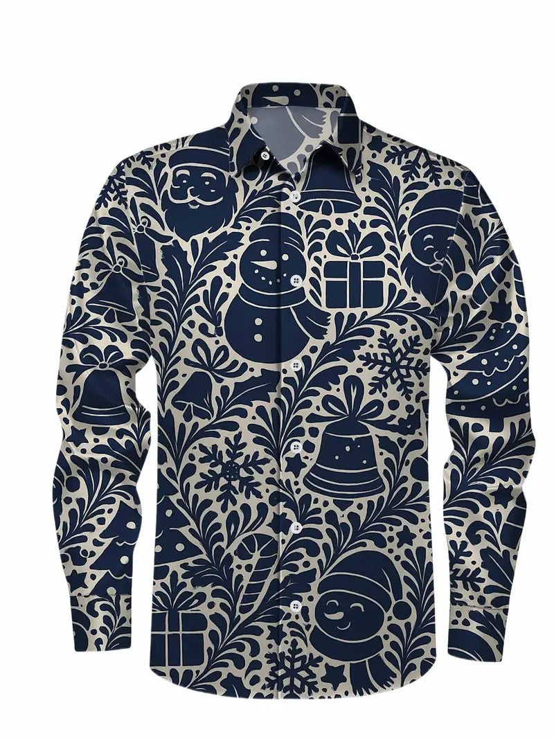 Christmas themed men's 3D hat printed formal shirt, Christmas pattern long sleeved shirt, fashionable men's shirt