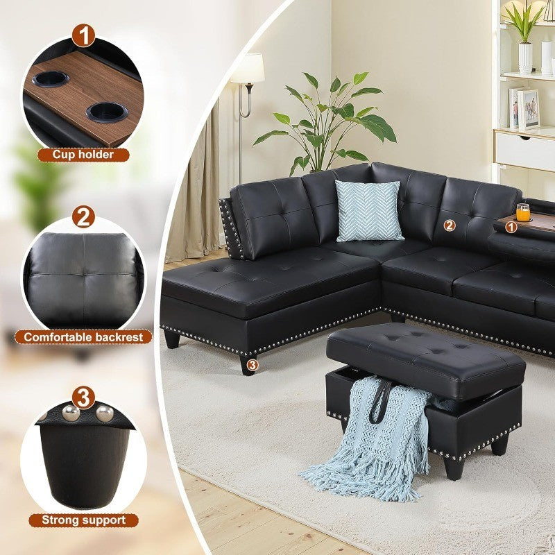 Sectional Couches for Living Room L Shaped Couch 3-Piece Sectional Sofa Set for Living Room and Small Apartment, Classic Black