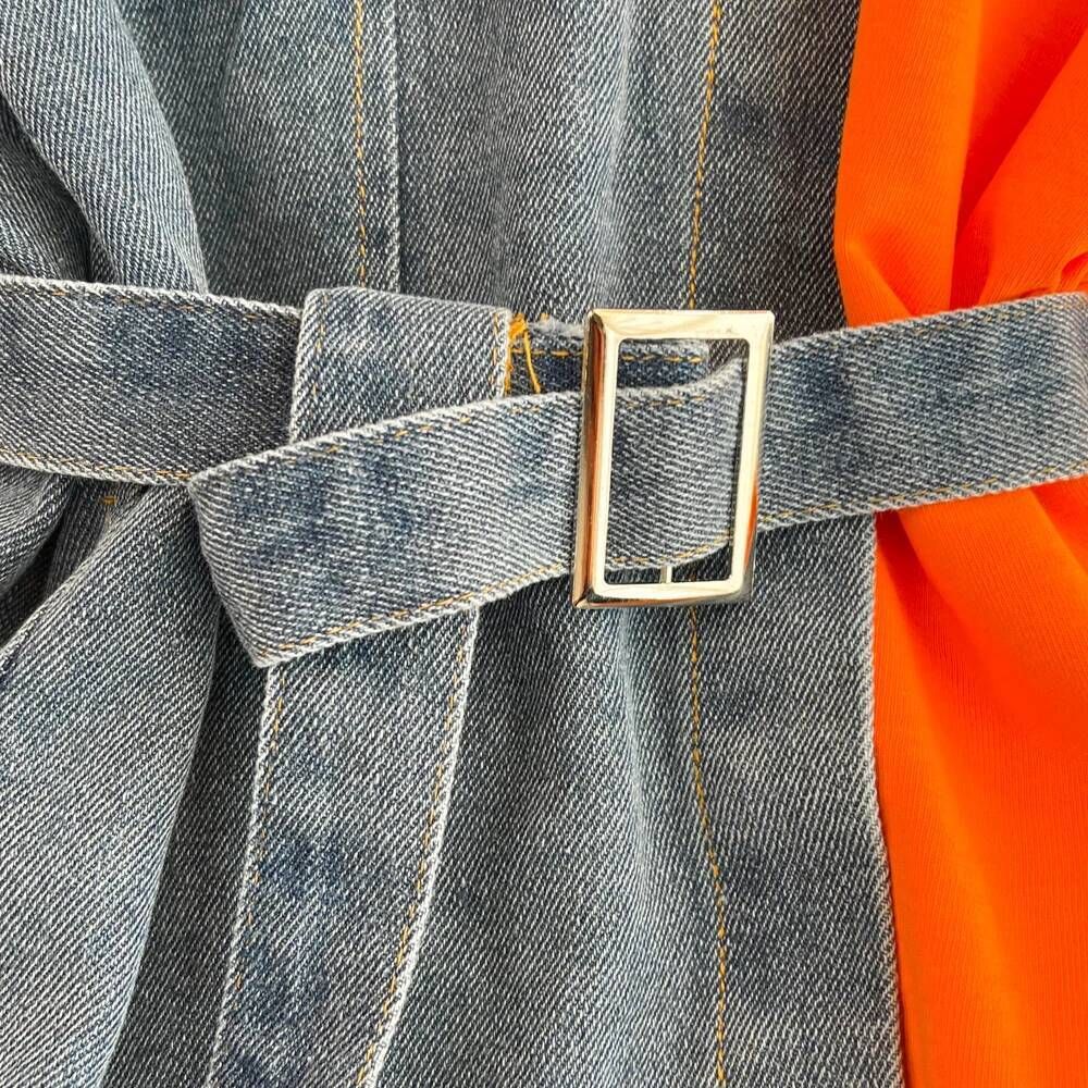 XFPV Women's Sweet high Waist Wrap Belt Round Neck patchwork Denim Shirt  Chic Top Y2k Korean Fashion Spring Summer 2025 SM11327