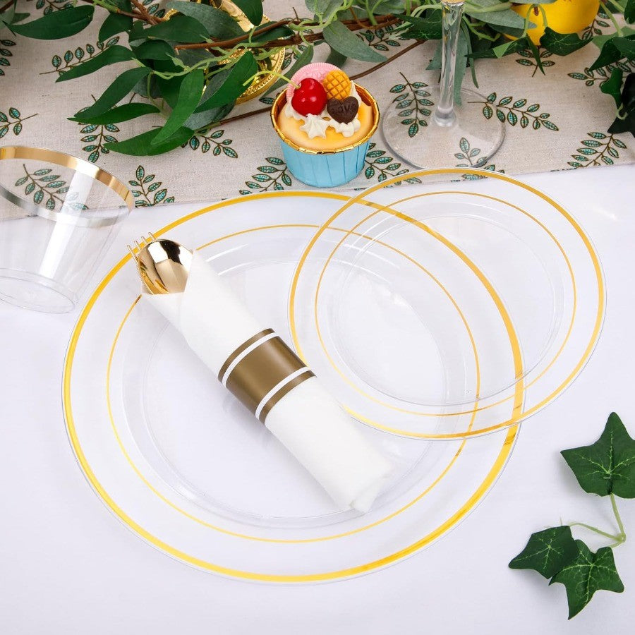 350PCS Clear Gold Plastic Dinnerware Set for 50 Guests Thanksgiving Plates Disposable Include: 50 Dinner Plates 50 Dessert Plat