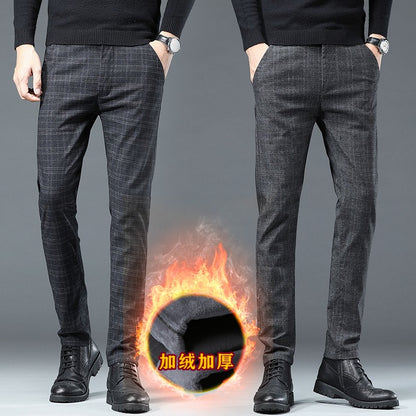 Calças de inverno forradas com lã, casuais masculinas, retas, compridas, listradas xadrez, de alta qualidade, de marca, para negócios