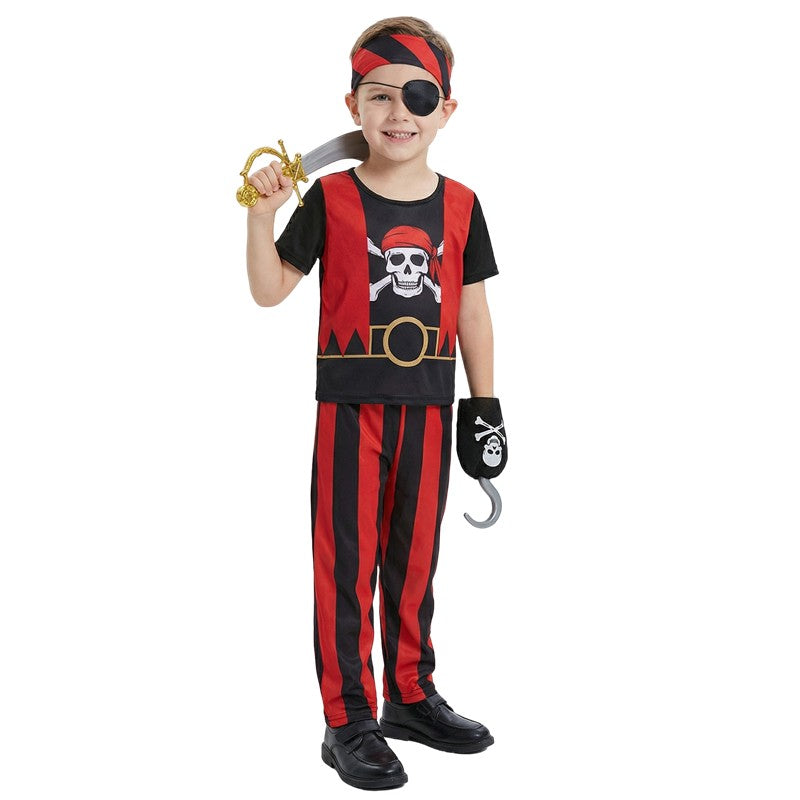 10PC Boys Pirate Costume Set with Skull Print Striped Shirt Pants Halloween Cosplay Outfit and Toy Gift Accessories