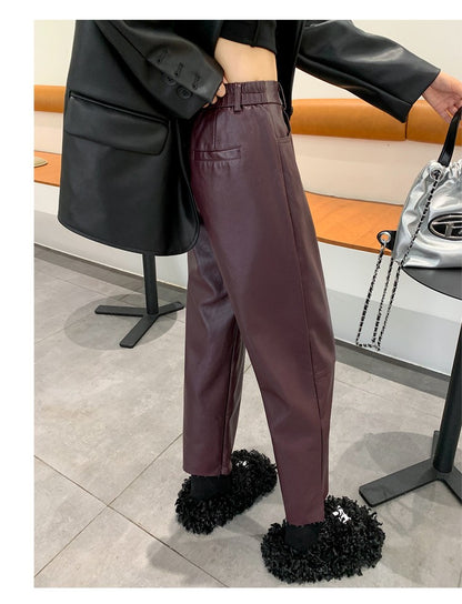 Autumn Winter PU Leather Vintage Women's Ankle Length Pants 2024 New High Waist Zipper Black Straight Pants Female Pockets