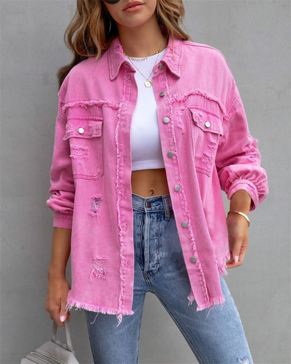 2023 Holes Raw-edges Denim Jacket Women Spring Autumn Shirt Style Jeancoat Casual Top Rose-Red Orange Purple Outerwear Lady Coat