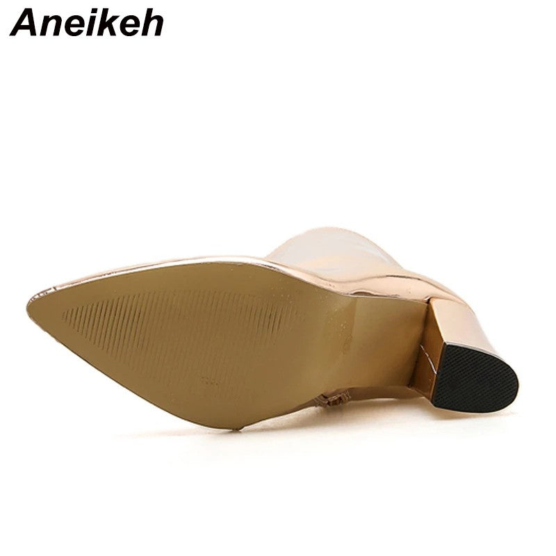 Aneikeh 2025 Spring Fashion Silver Patent Leather Women Ankle Boots Pointed Toe Square High Heels Shoes Chelsea Botas De Mujer