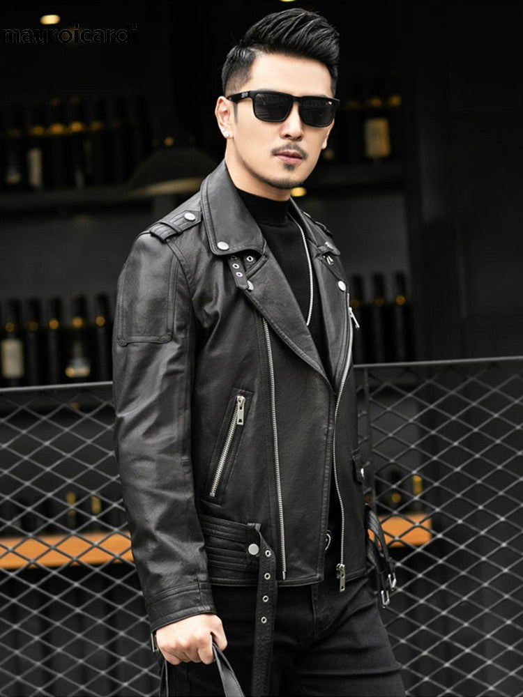 Spring Autumn Short Cool Black Leather Biker Jacket Men Zipper Long Sleeve Belt Plus Size European Fashion brand leather jackets