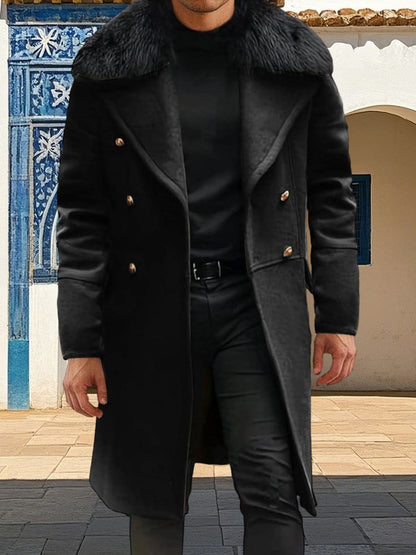 Men s Classic Double Breasted Trench Coat with Removable Fur Collar Mid-Length Wool Blend Overcoat for Winter Warmth