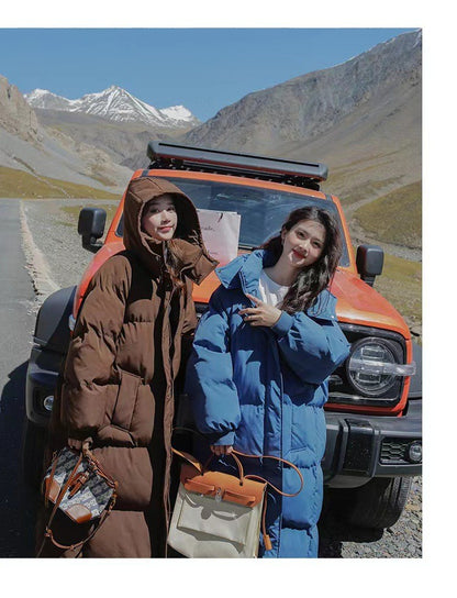 Long Thickened Down Cotton Bread Style Coat Women's Winter 2025 Outerwear Korean Loose Long Knee Length Solid Hooded Jacket