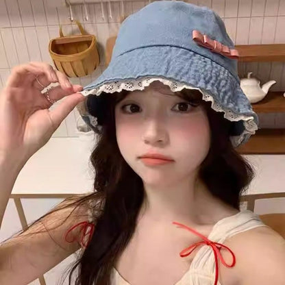 Retro Big Brimmed Denim Bucket Hat Bow Tie Y2K Lace Fisherman Hat Korean Style UV Protection Bow Sunscreen Hat Outdoor