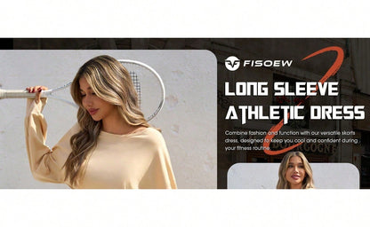 Sexy Women Long Sleeve Active Dress Mid-Calf Elastic Waist Pleated Backless Keyhole Workout Dress With Built In Shorts