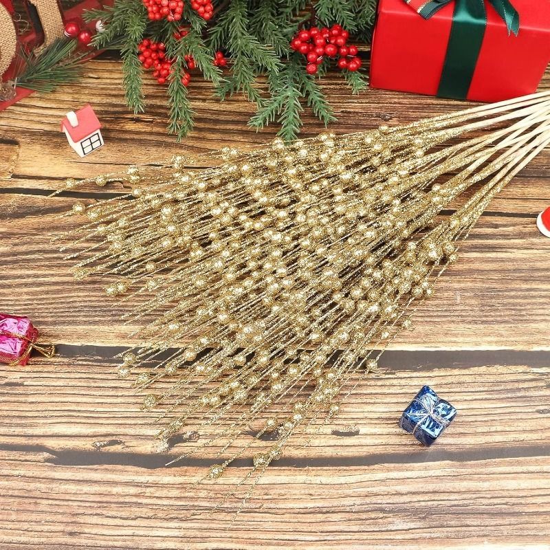 43cm Christmas Decor Foam Artificial Flowers Golden Glitter Berries Bouquet New Year Wreath Home Room Table Wedding Decoration
