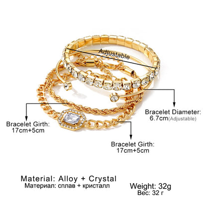 IPARAM Conjunto de 4 Pulseiras de Luxo para Mulheres Pulseiras com Corrente Ajustável Brilhantes de Cristal Joias da Moda Punk