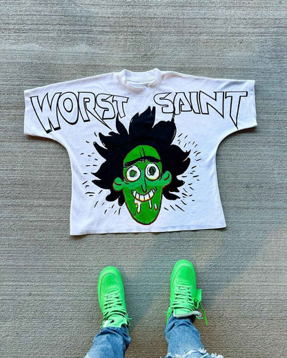 American Hip-hop Anime Print Oversized T-shirt Men Retro Trendy Streetwear Top Pure Cotton Round Neck Casual Loose Short Sleeves