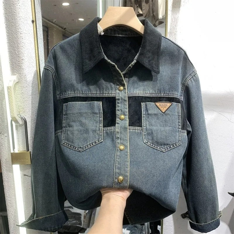 Women's Denim Blouse 2025 Autumn Winter Mid Length Version Add Velvet Ladies Tops Long Sleeve Versatile Lady Cowboy Shirt